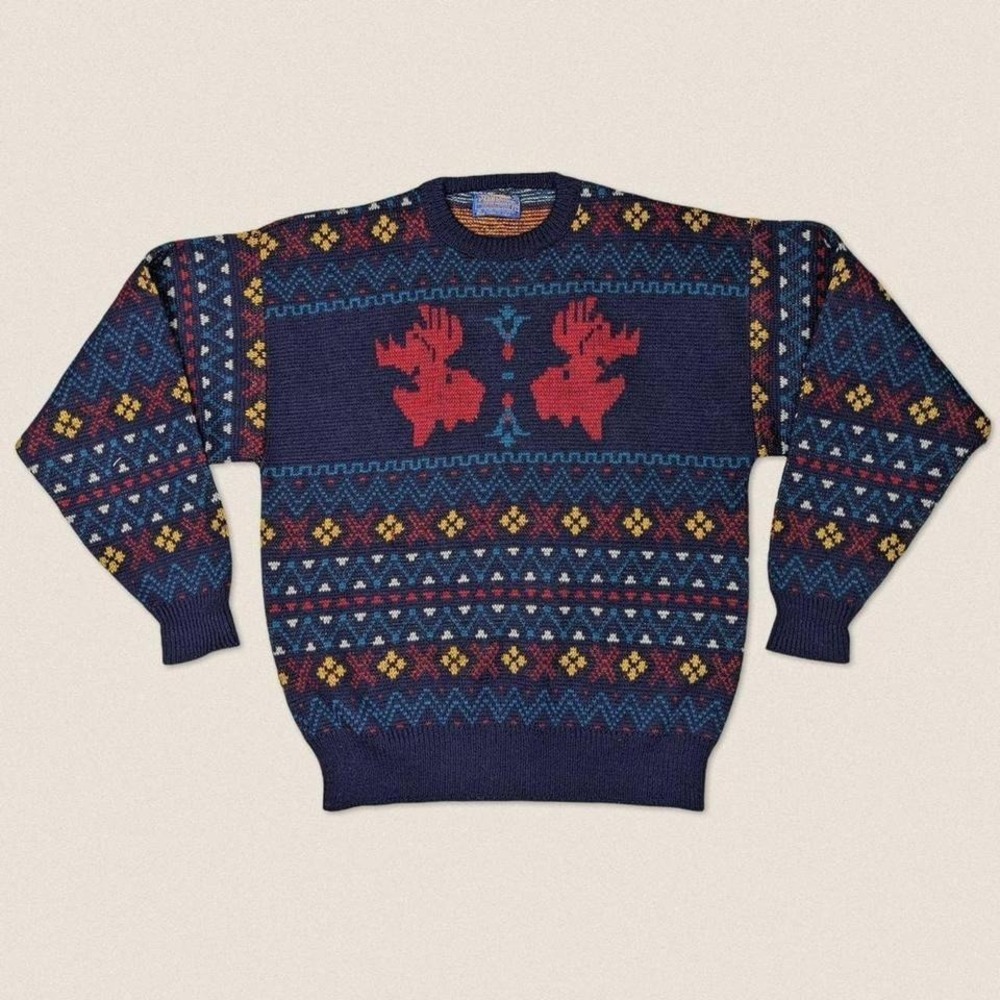Vintage Pendleton Wool Sweater moose ‎ Fair Isle winter crew neck Christmas